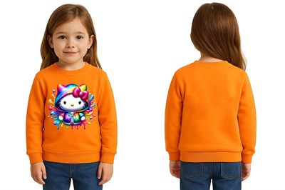 Unisex Hello Kity Baskılı Çocuk Swaetshirt 3 İplik Şardonlu