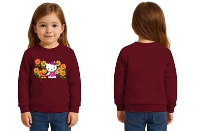Unisex Hello Kity Baskılı Çocuk Swaetshirt 3 İplik Şardonlu