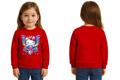 Unisex Hello Kity Baskılı Çocuk Swaetshirt 3 İplik Şardonlu