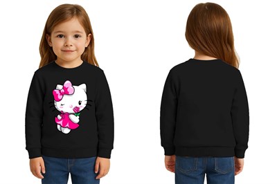 Unisex Hello Kity Baskılı Çocuk Swaetshirt 3 İplik Şardonlu
