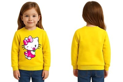 Unisex Hello Kity Baskılı Çocuk Swaetshirt 3 İplik Şardonlu