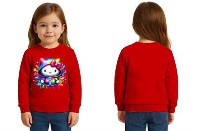 Unisex Hello Kity Baskılı Çocuk Swaetshirt 3 İplik Şardonlu