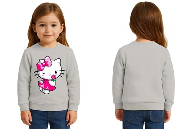 Unisex Hello Kity Baskılı Çocuk Swaetshirt 3 İplik Şardonlu