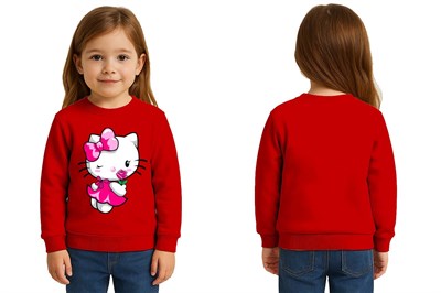 Unisex Hello Kity Baskılı Çocuk Swaetshirt 3 İplik Şardonlu