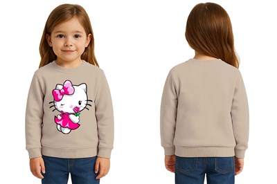 Unisex Hello Kity Baskılı Çocuk Swaetshirt 3 İplik Şardonlu