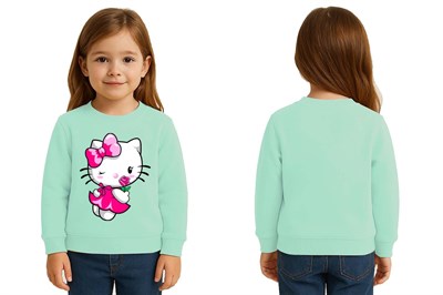 Unisex Hello Kity Baskılı Çocuk Swaetshirt 3 İplik Şardonlu