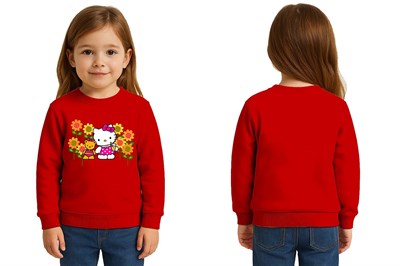 Unisex Hello Kity Baskılı Çocuk Swaetshirt 3 İplik Şardonlu