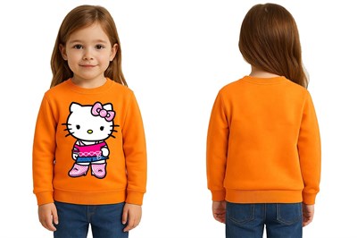 Unisex Hello Kity Baskılı Çocuk Swaetshirt 3 İplik Şardonlu