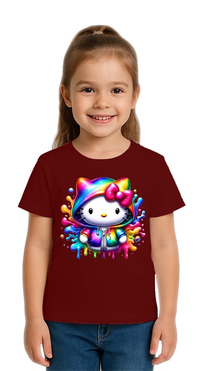 Unisex Hello Kity Baskılı Çocuk Tişört pamuklu penye kumaş