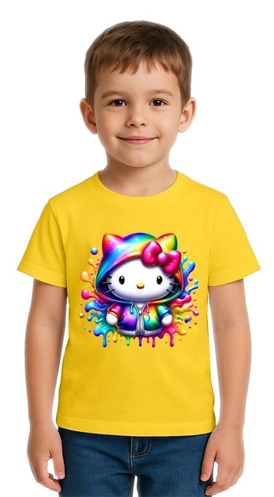 Unisex Hello Kity Baskılı Çocuk Tişört pamuklu penye kumaş