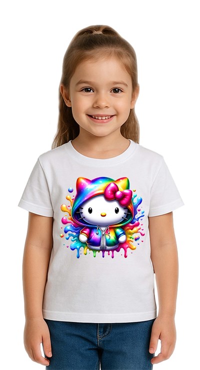 Unisex Hello Kity Baskılı Çocuk Tişört pamuklu penye kumaş