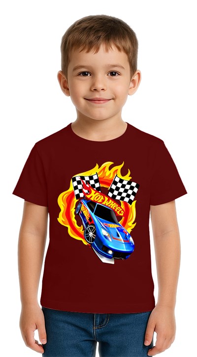 Unisex Hot Wheels baskılı Çocuk Tişört pamuklu penye kumaş
