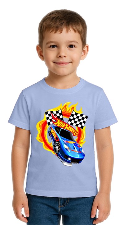 Unisex Hot Wheels baskılı Çocuk Tişört pamuklu penye kumaş