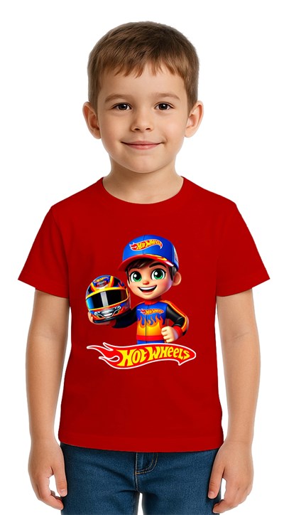 Unisex Hot Wheels  baskılı Çocuk Tişört pamuklu penye kumaş