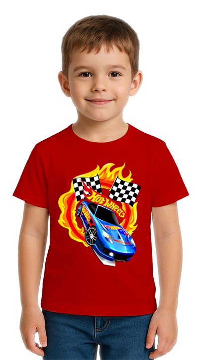 Unisex Hot Wheels baskılı Çocuk Tişört pamuklu penye kumaş