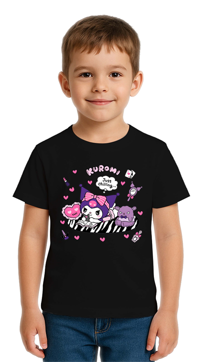 Unisex Kuromi Baskılı Çocuk Tişört pamuklu penye kumaş
