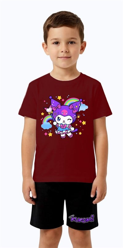 Unisex Kuromi baskılı Çocuk Tişört siyah Şortlu Takım pamuklu penye kumaş
