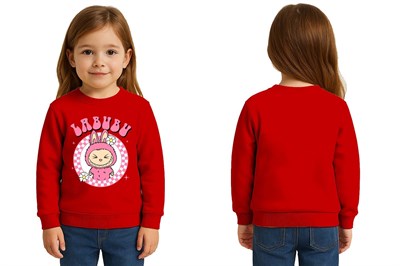 Unisex Labubu Baskılı Çocuk Swaetshirt 3 İplik Şardonlu