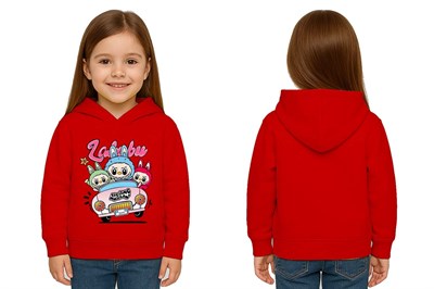 Unisex Labubu Baskılı Çocuk Swaetshirt Kapüşonlu 3 İplik Şardonlu