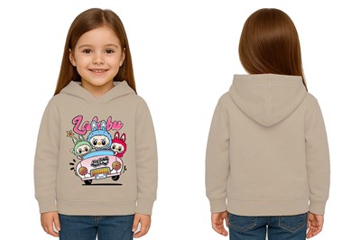 Unisex Labubu Baskılı Çocuk Swaetshirt Kapüşonlu 3 İplik Şardonlu