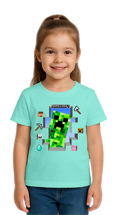 Unisex Mınecraft baskılı Çocuk Tişört pamuklu penye kumaş