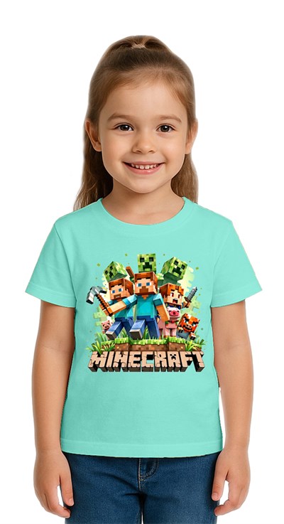 Unisex Mınecraft baskılı Çocuk Tişört pamuklu penye kumaş