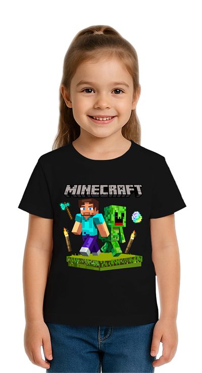 Unisex Mınecraft baskılı Çocuk Tişört pamuklu penye kumaş