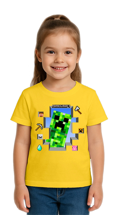 Unisex Mınecraft baskılı Çocuk Tişört pamuklu penye kumaş