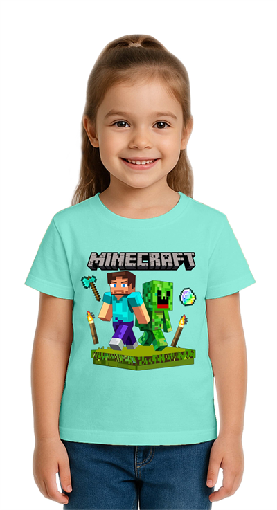 Unisex Mınecraft baskılı Çocuk Tişört pamuklu penye kumaş