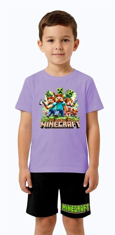 Unisex Mınecraft baskılı Çocuk Tişört Siyah Şortlu Takım pamuklu penye kumaş