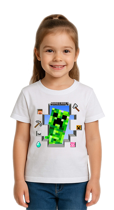 Unisex Mınecraft baskılı Çocuk Tişört pamuklu penye kumaş