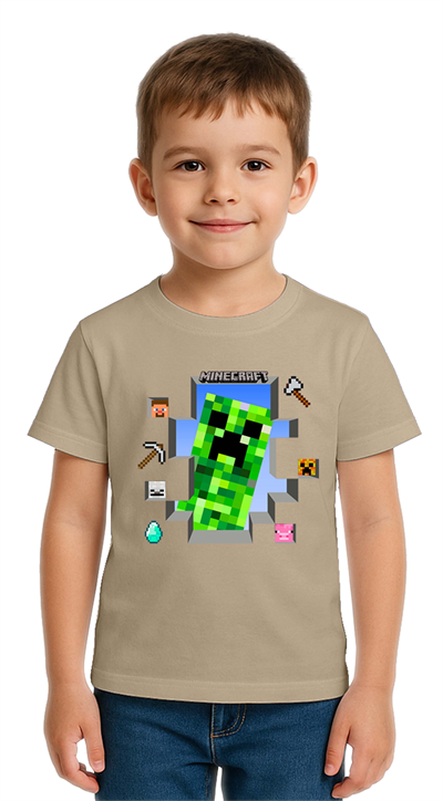 Unisex Mınecraft baskılı Çocuk Tişört pamuklu penye kumaş