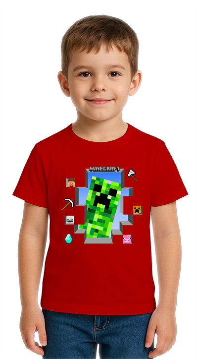 Unisex Mınecraft baskılı Çocuk Tişört pamuklu penye kumaş