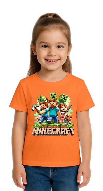 Unisex Mınecraft baskılı Çocuk Tişört pamuklu penye kumaş