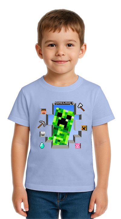 Unisex Mınecraft baskılı Çocuk Tişört pamuklu penye kumaş