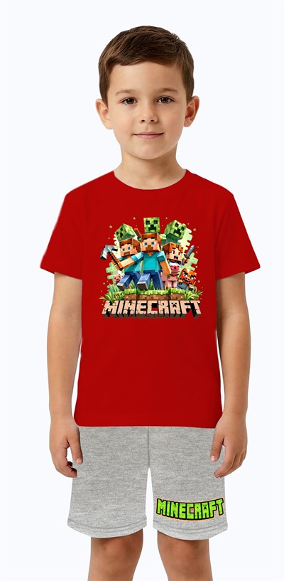 Unisex Mınecraft baskılı Çocuk Tişört gri Şortlu Takım pamuklu penye kumaş