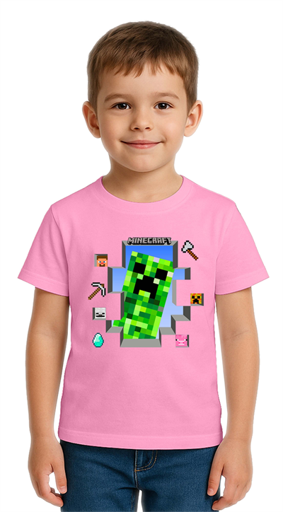 Unisex Mınecraft baskılı Çocuk Tişört pamuklu penye kumaş