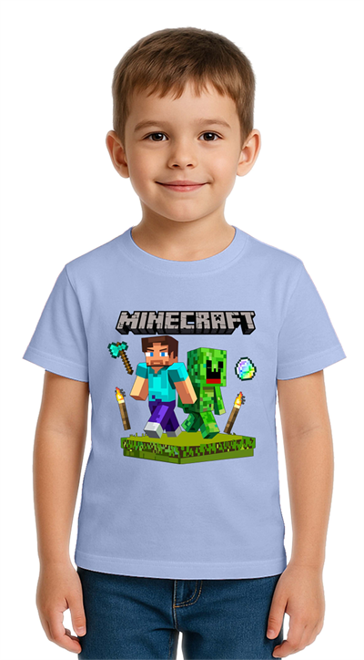 Unisex Mınecraft baskılı Çocuk Tişört pamuklu penye kumaş