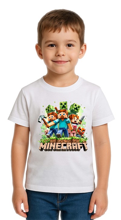Unisex Mınecraft baskılı Çocuk Tişört pamuklu penye kumaş