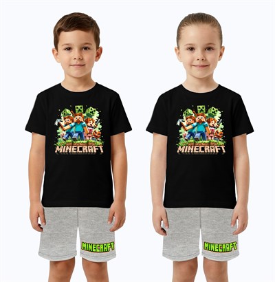 Unisex Mınecraft baskılı Çocuk Tişört gri Şortlu Takım pamuklu penye kumaş