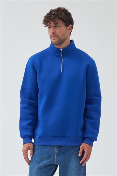 Unisex Oversize Pamuklu Içi Polarlı Yarım Fermuarlı  Dik Yaka Sweatshirt