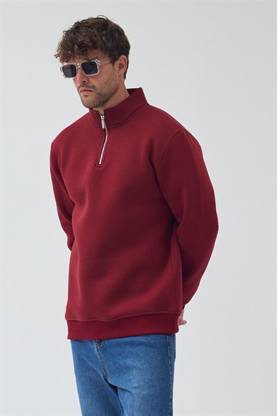 Unisex Oversize Pamuklu Içi Polarlı Yarım Fermuarlı  Dik Yaka Sweatshirt