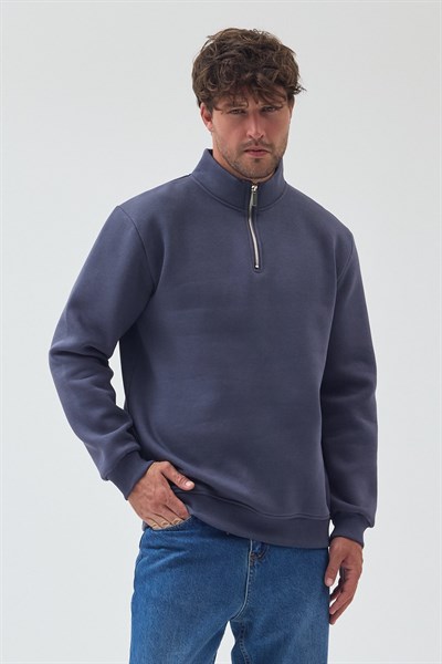 Unisex Oversize Pamuklu Içi Polarlı Yarım Fermuarlı  Dik Yaka Sweatshirt