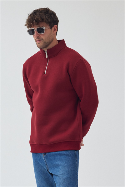 Unisex Oversize Pamuklu Içi Polarlı Yarım Fermuarlı  Dik Yaka Sweatshirt