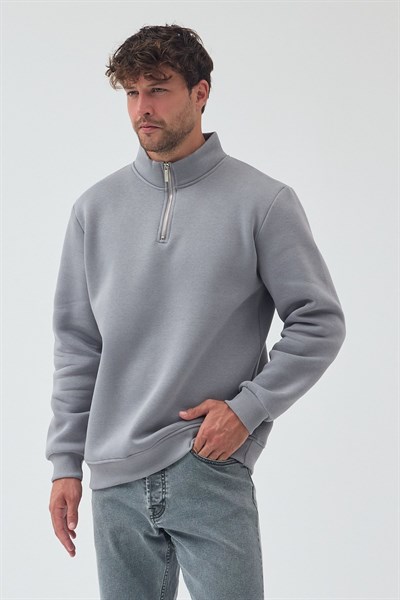 Unisex Oversize Pamuklu Içi Polarlı Yarım Fermuarlı  Dik Yaka Sweatshirt