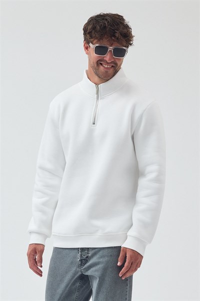 Unisex Oversize Pamuklu Içi Polarlı Yarım Fermuarlı  Dik Yaka Sweatshirt