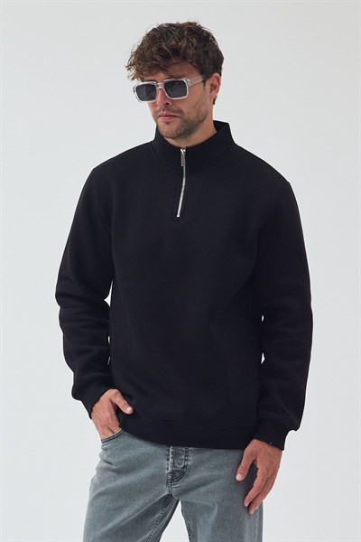 Unisex Oversize Pamuklu Içi Polarlı Yarım Fermuarlı  Dik Yaka Sweatshirt