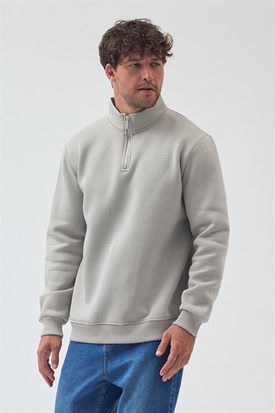 Unisex Oversize Pamuklu Içi Polarlı Yarım Fermuarlı  Dik Yaka Sweatshirt