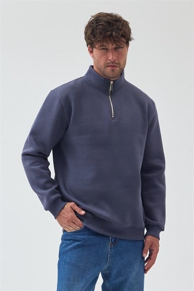 Unisex Oversize Pamuklu Içi Polarlı Yarım Fermuarlı  Dik Yaka Sweatshirt