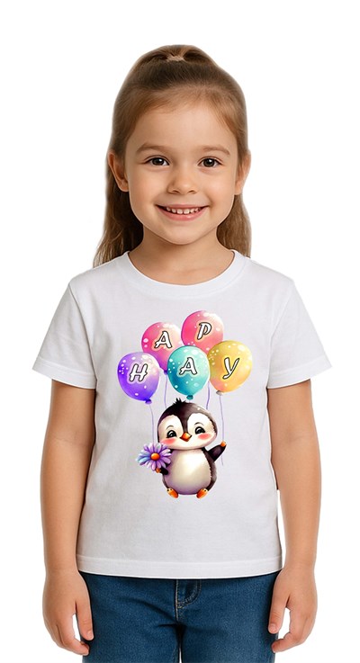 Unisex Penguen Penguin Baskılı Çocuk Tişört pamuklu penye kumaş
